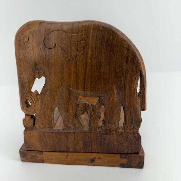Hand Carved Wooden Elephant Sliding Bookrack Adjustable Folding Book Ends Brown - Picture 2 of 10